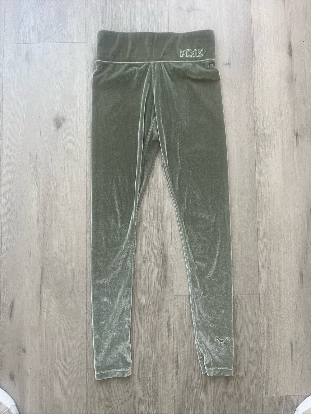 PINK Victoria's Secret Olive Green Velvet Leggings with Embroidered Logo